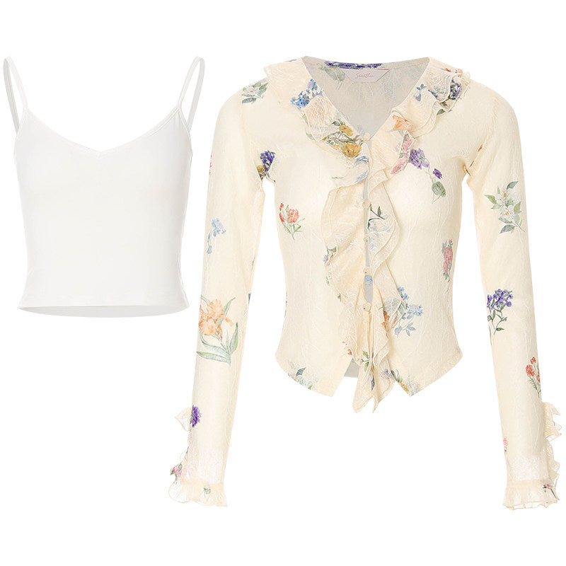 Floral cardigan and white tank top on a white background