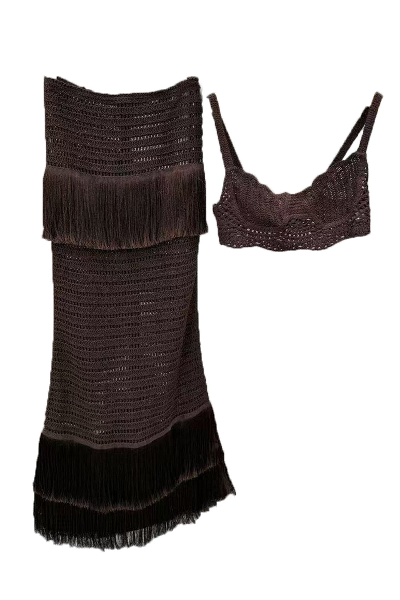 A dark brown crochet knit two-piece set featuring a long tiered skirt with fringe and a matching bralette, displayed on a solid white background.