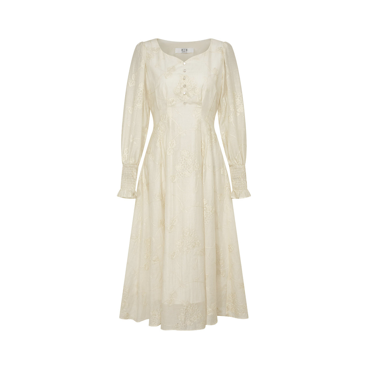 Palace Style Embroidered Lantern Sleeve Midi Dress