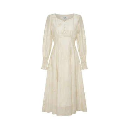 Palace Style Embroidered Lantern Sleeve Midi Dress