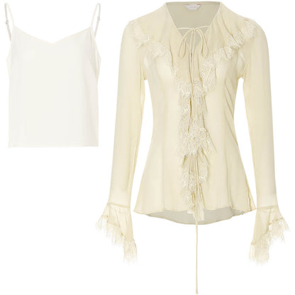 Sylvie French Vintage Lace-Trimmed Chiffon Cardigan Blouse Set