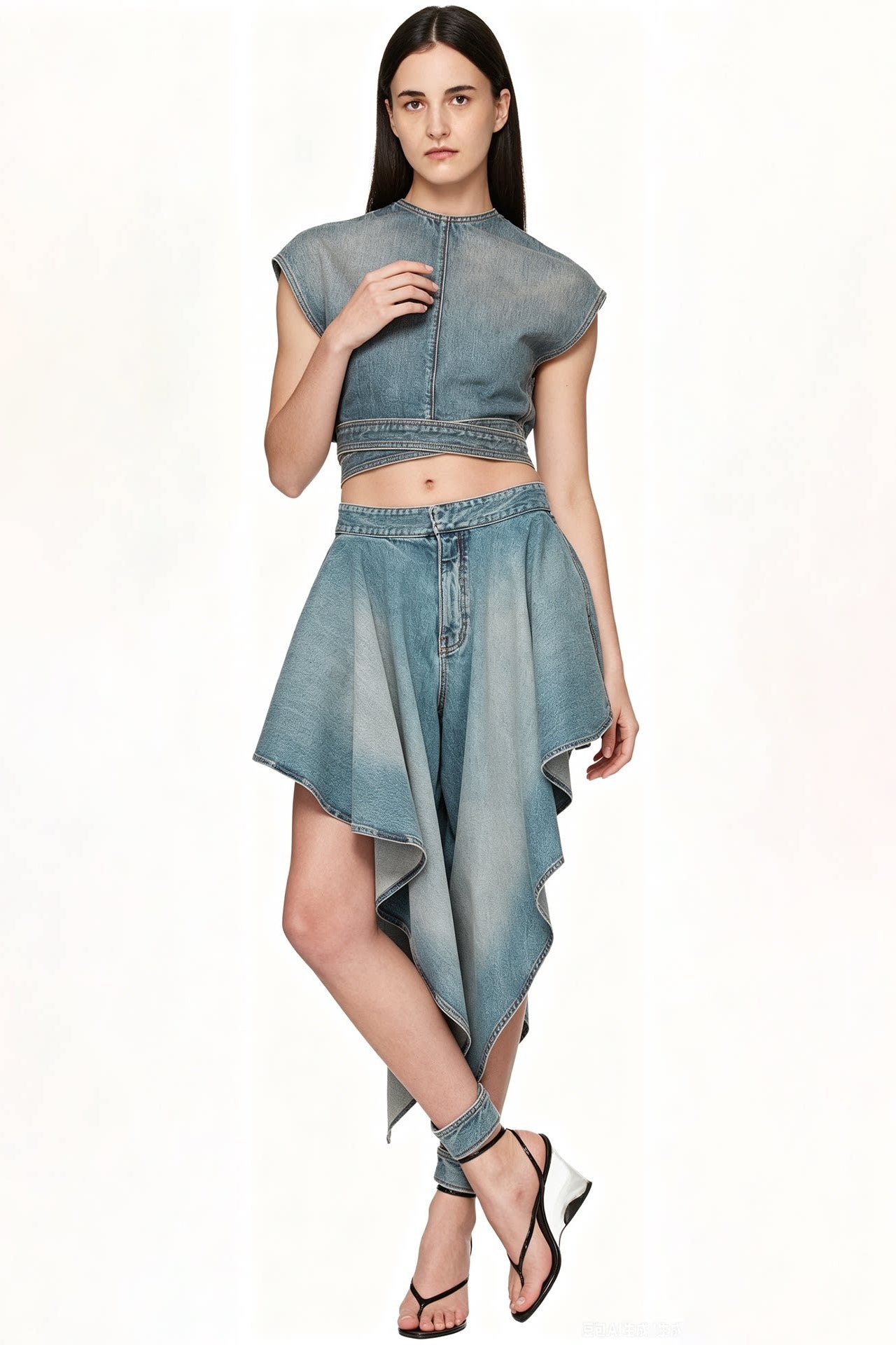 A model wearing a matching light blue denim two-piece set consisting of a cropped sleeveless top and an asymmetrical high-low skirt, paired with black strappy heels, against a plain white background.
