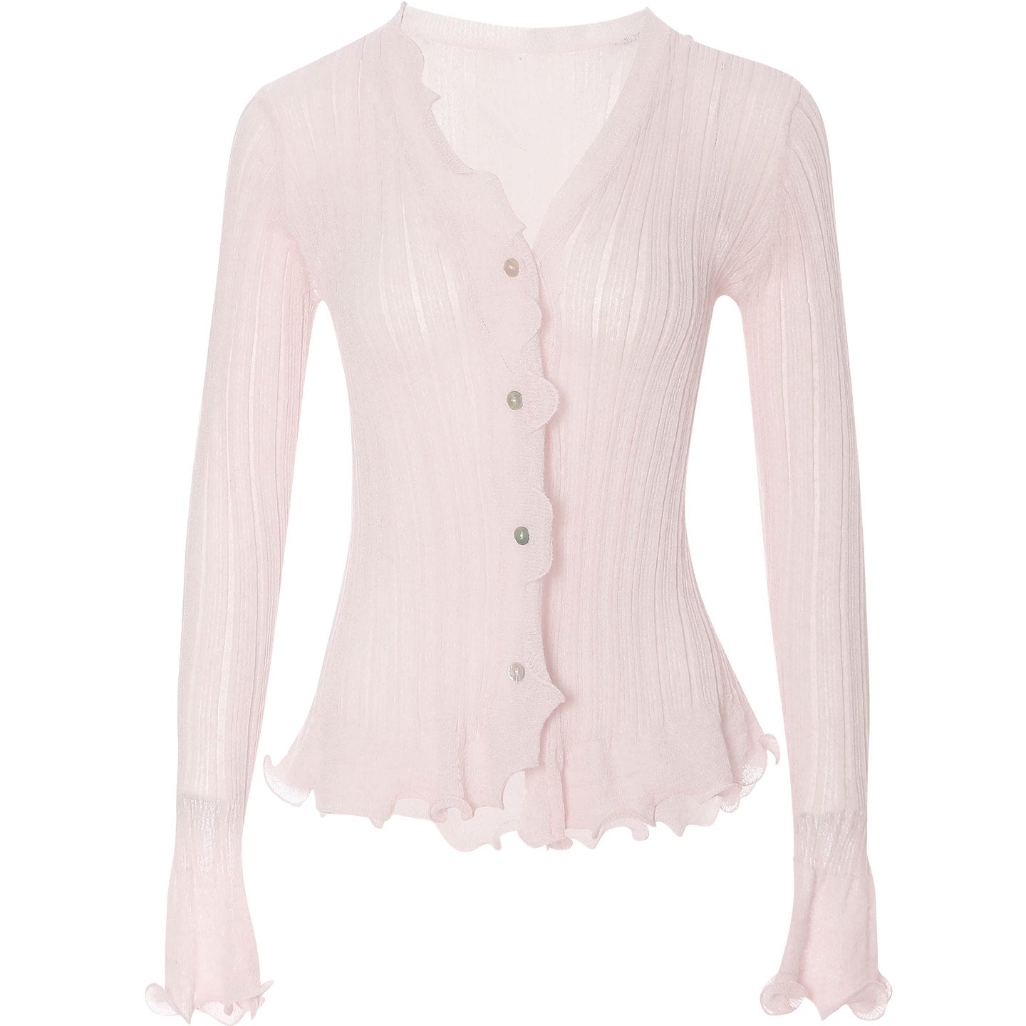 Light pink ribbed blouse with buttons on a white background
