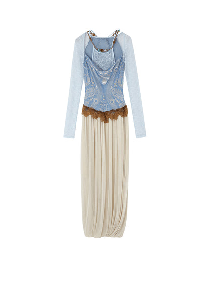 "Roaming" Greek Goddess Velvet & Lace Faux Two-Piece Midi Dress