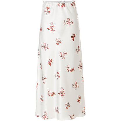 White skirt with red floral pattern on a white background