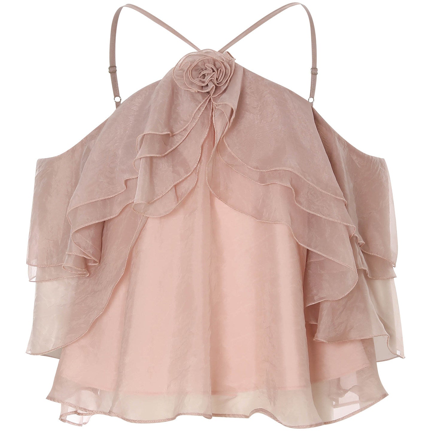 Pink ruffled top with thin straps on a white background