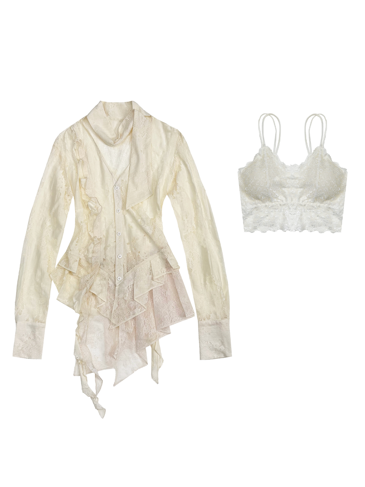 A cream-colored, long-sleeved blouse with intricate lace ruffles, a high mock neck, and an asymmetrical layered hem with ties, shown against a plain white background.