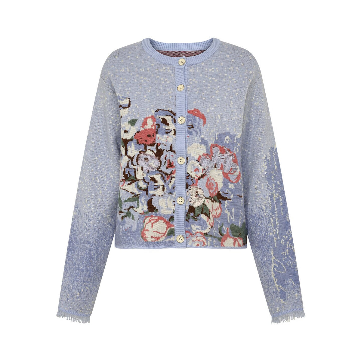 A light blue cropped cardigan sweater featuring a large multicolor floral tapestry design on the front, with gold buttons and a ribbed crew neck, photographed on a solid white background.