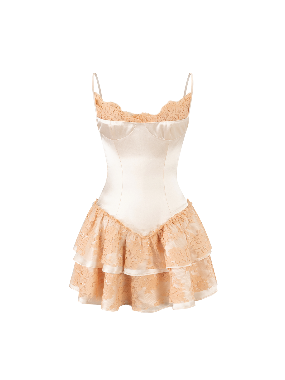 A short camisole-style lingerie dress with a smooth ivory satin bodice and layered ruffled peach-beige lace skirt, shown on a plain white background.