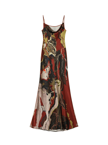 "Mood" Vintage Oil Painting Satin Cowl Neck Mermaid Dress
