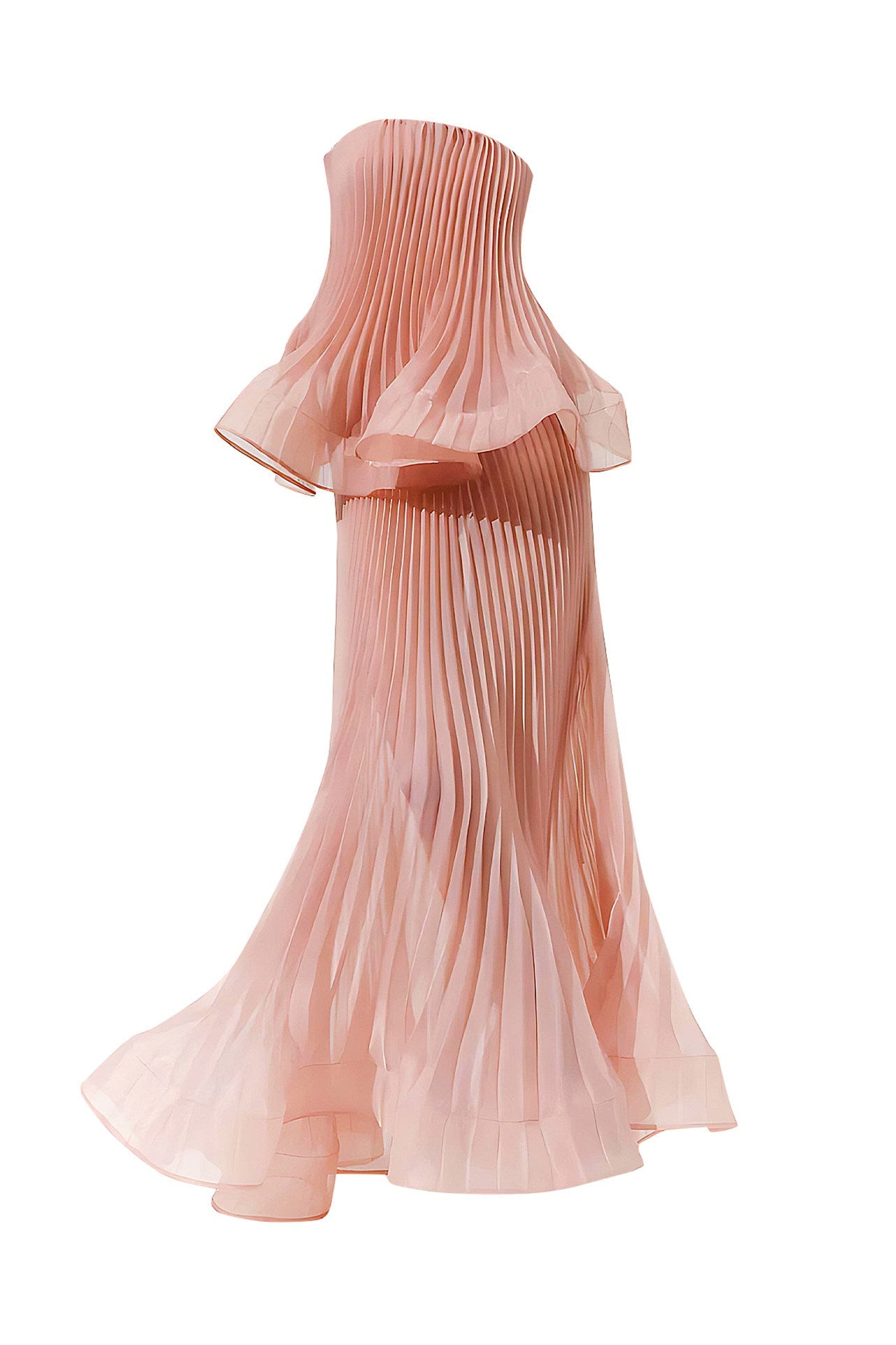 A pale peach pink pleated chiffon dress with a structured corset-style bodice and a flowing asymmetrical skirt, shown on a plain white background.
