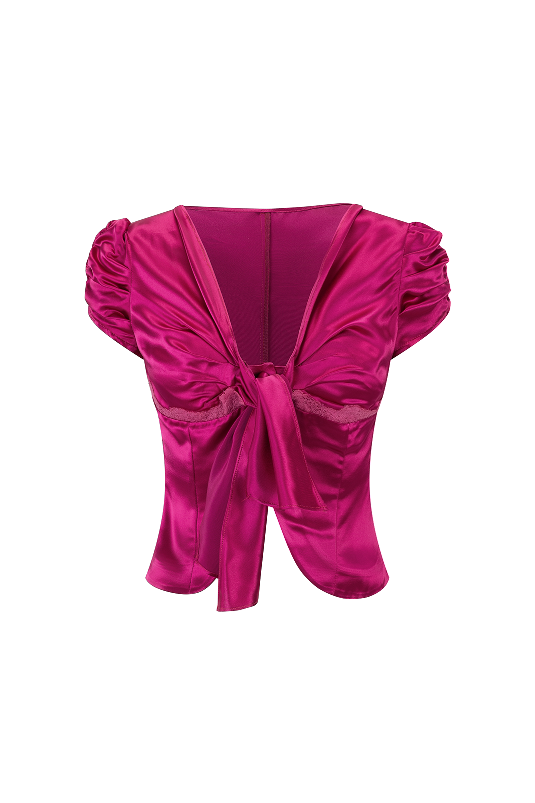 A bright magenta satin top with puff sleeves, a deep V-neckline, and a front tie detail, shown against a plain white background.