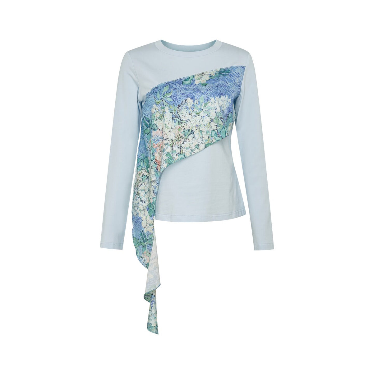 Van Gogh Blossom Print Asymmetrical Patchwork Long-Sleeve T-Shirt