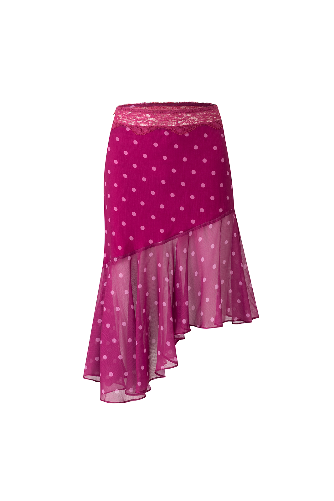 A pink and magenta wrap skirt with white polka dots, featuring a solid fabric top layer and a sheer mesh bottom layer with a ruffled hem.