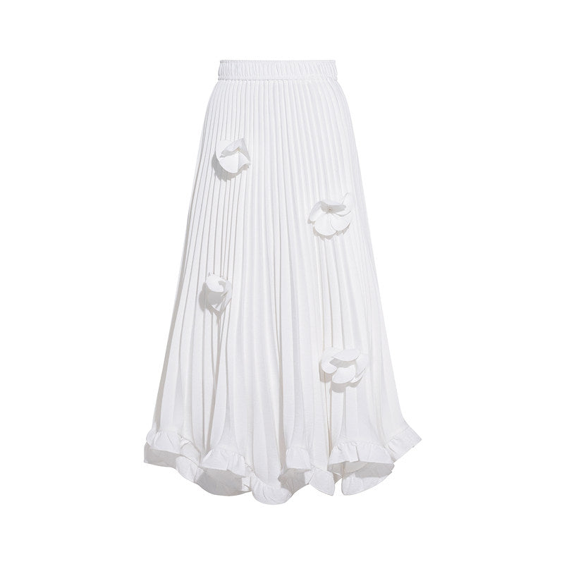 3D Floral Pleated Ruffle Maxi Skirt