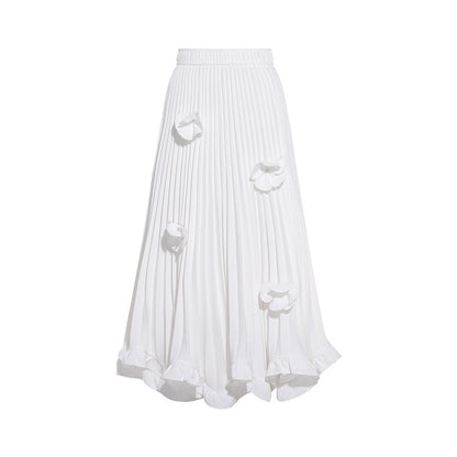 3D Floral Pleated Ruffle Maxi Skirt