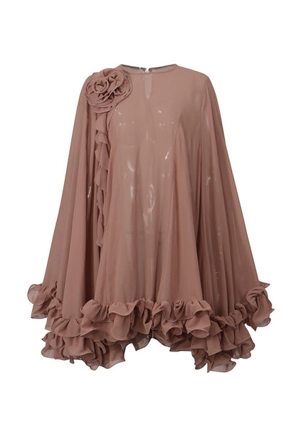 French Lazy Style Coffee Chiffon Mini Skirt, Summer Vintage Wasteland Style 3D Floral Floping Edge Dress