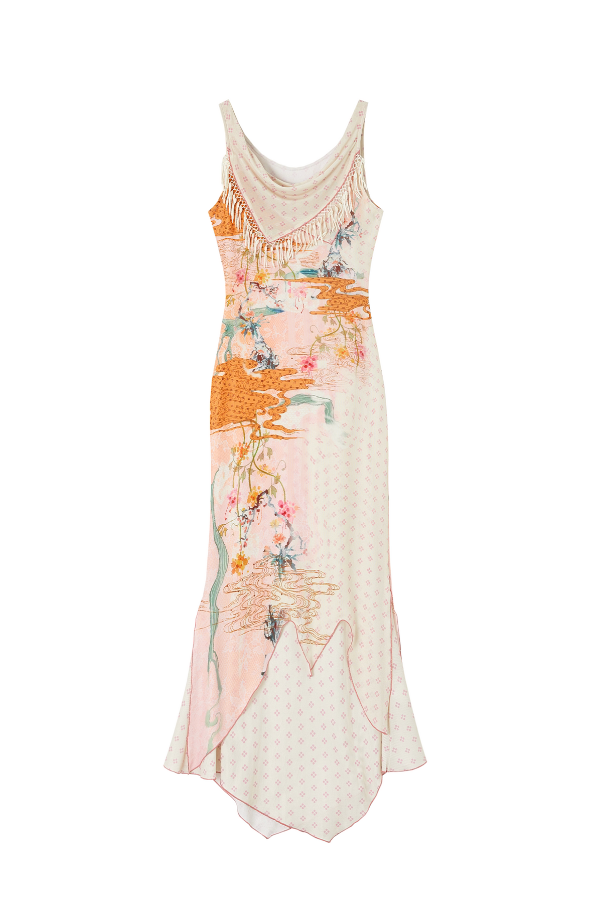 A sleeveless, asymmetrical midi dress in a soft cream and light pink colorway, decorated with an orange and teal abstract floral print and delicate fringe along the neckline, shown against a plain white background.