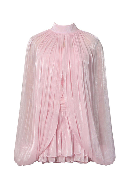A light pink high-neck blouse with long sheer sleeves and a gathered, pleated front, shown on a plain white background.