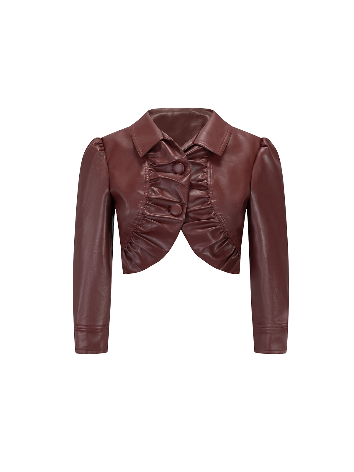 A cropped faux leather jacket in a deep burgundy brown, featuring a pointed collar, long sleeves, and a unique front design with gathered ruffles and button details, shown on a plain white background.