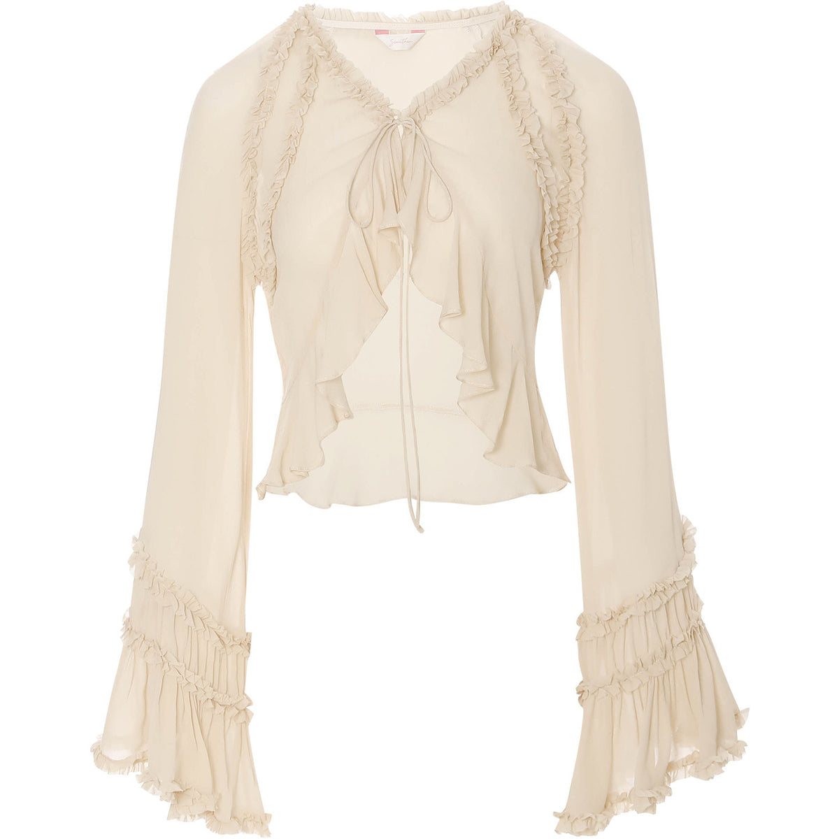 Beige blouse with ruffled details on a white background