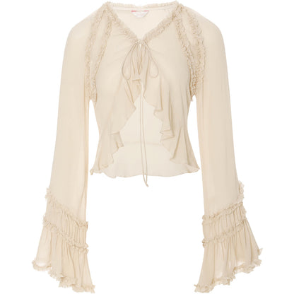 Beige blouse with ruffled details on a white background