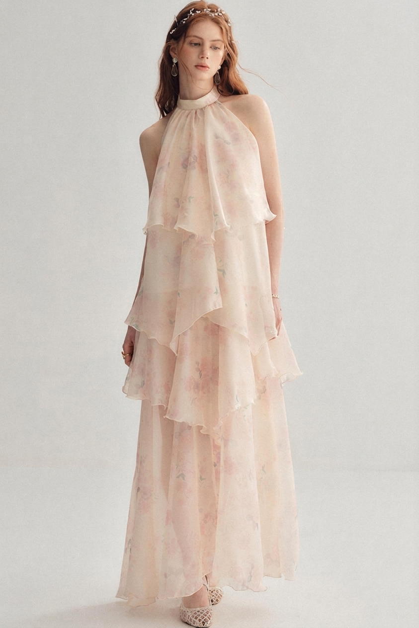 A woman modeling a sleeveless, high-neck, tiered maxi dress in a very light blush pink with a soft floral print, set against a plain light gray studio background.