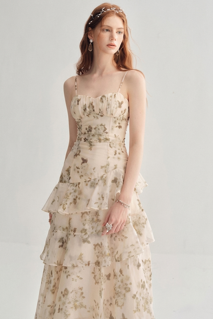 A woman modeling a sleeveless, tiered midi dress with thin straps and an allover muted floral print in beige and olive tones, photographed against a plain light gray studio background.