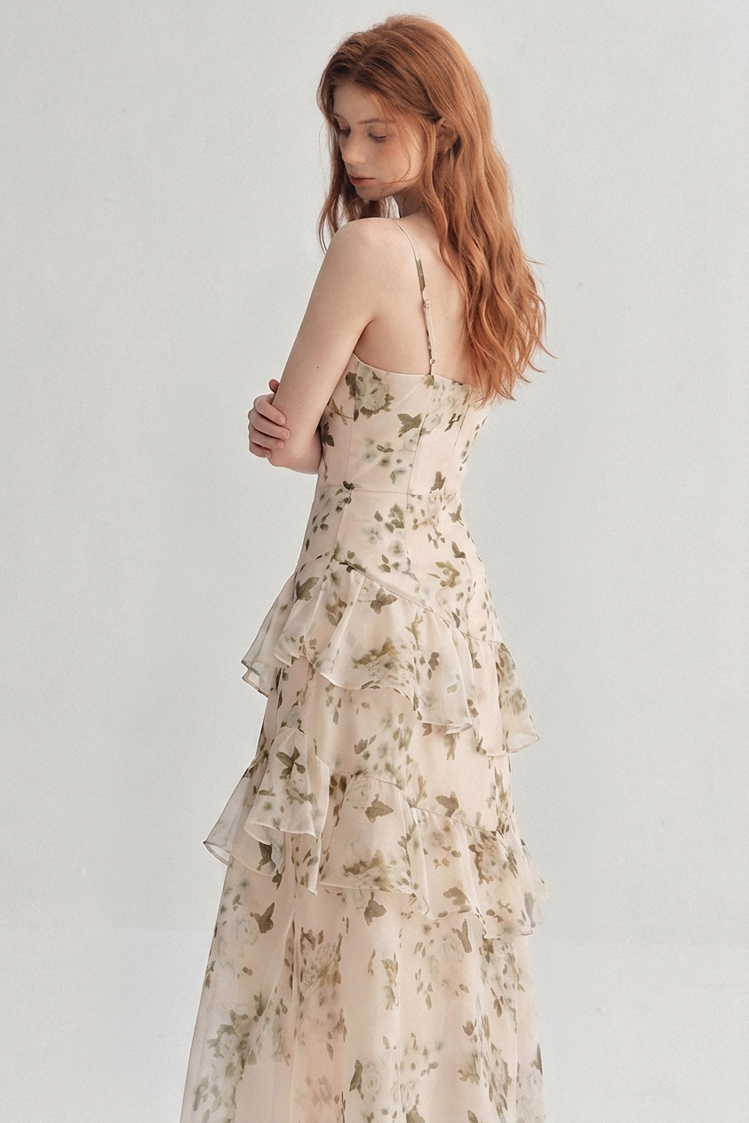 A woman with long wavy auburn hair is shown from the back wearing a sleeveless, tiered maxi dress with a delicate beige and green floral pattern, set against a plain light gray studio background.