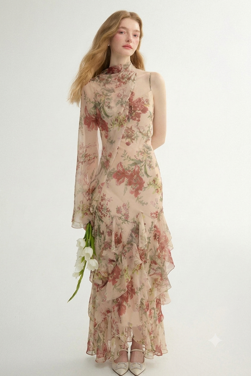 Odette French Floral Asymmetric Maxi Dress with Matching Scarf