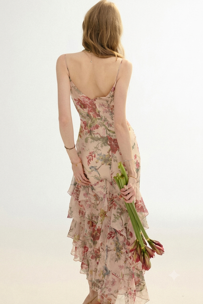 Odette French Floral Asymmetric Maxi Dress with Matching Scarf