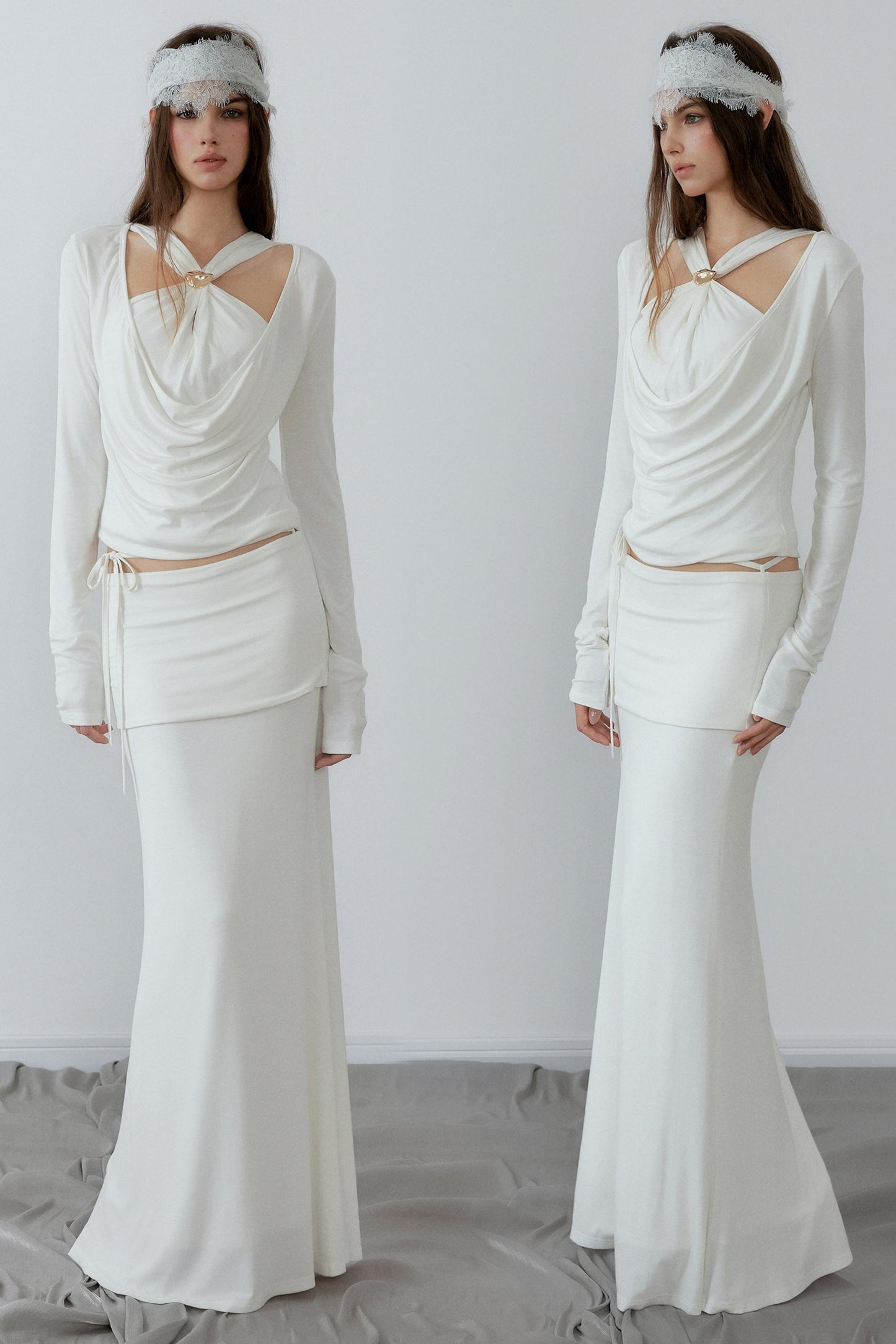 Two identical outfits worn by a model against a white background