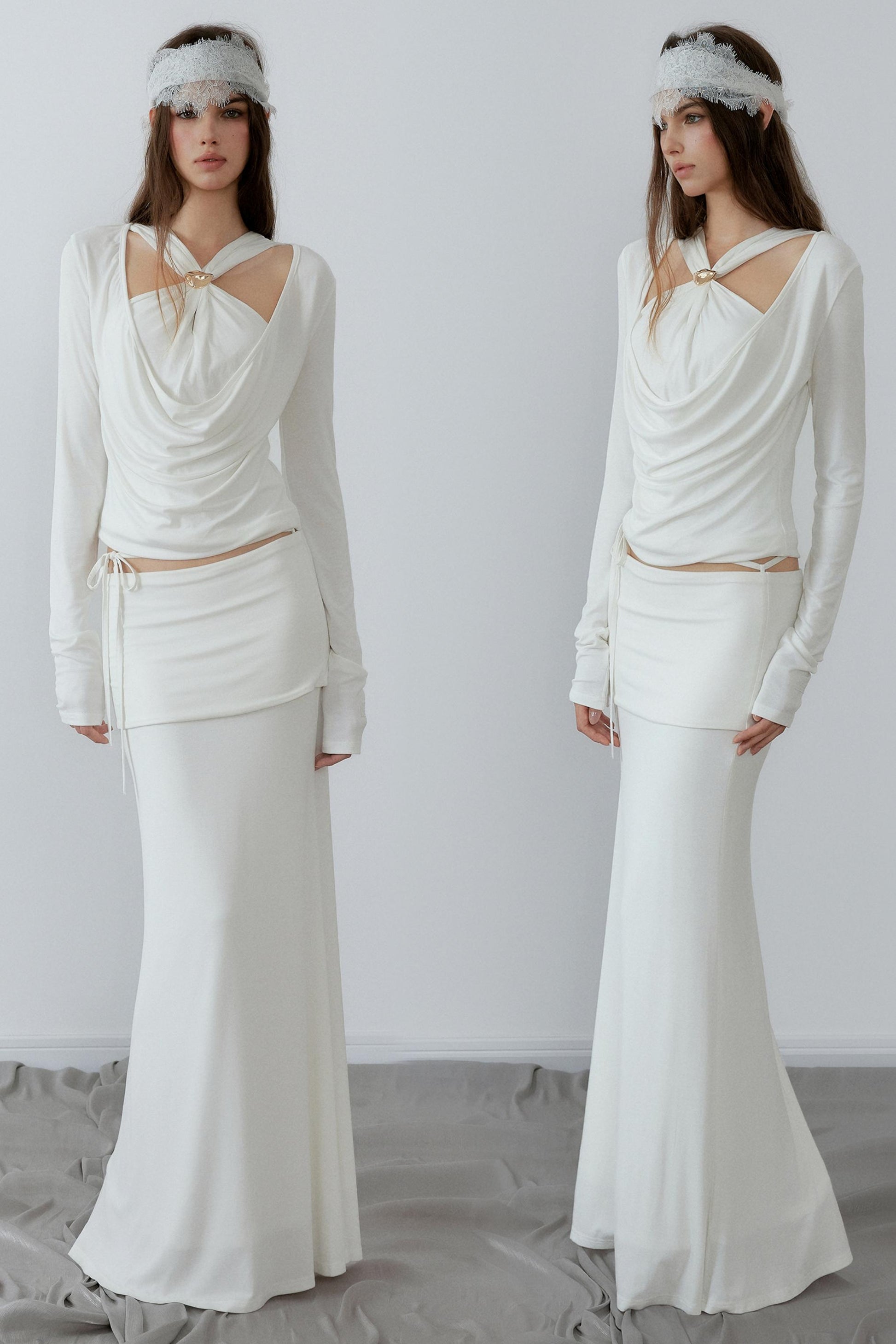 Two identical outfits worn by a model against a white background