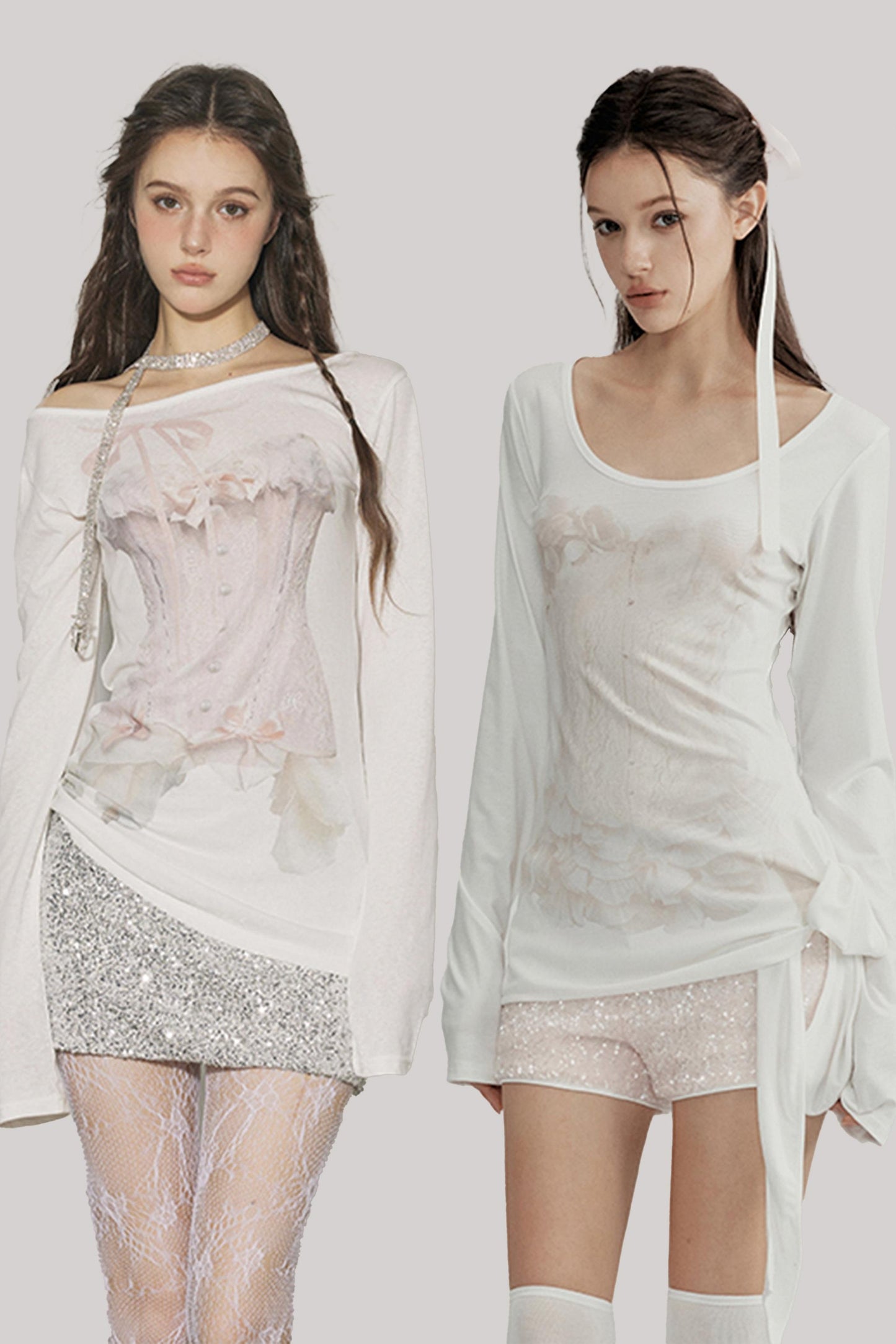 Models showcasing a Y2K style outfit featuring a cream long sleeve top with a pink corset pattern and a shimmering silver sequined mini skirt.