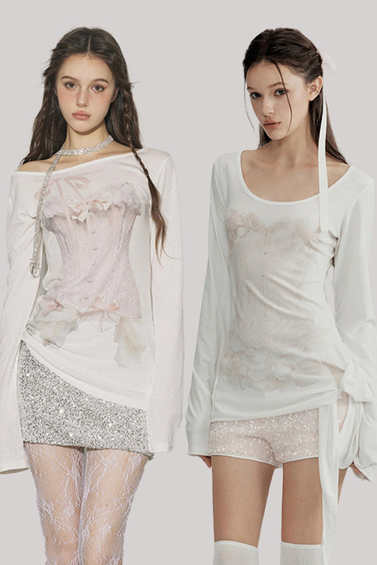 Models showcasing a Y2K style outfit featuring a cream long sleeve top with a pink corset pattern and a shimmering silver sequined mini skirt.