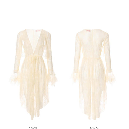 A cream-colored sheer mesh dress shown from both the front and back views against a plain white background. The dress features a deep V-neckline, long sleeves with ruffled cuffs, a tie at the waist, and a layered tulle skirt.