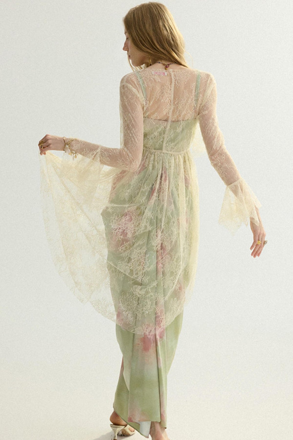 A woman shown from the back wearing a sheer, long-sleeved maxi dress in pale sage green with pink floral embroidery and a lace back panel, photographed against a plain white studio background.