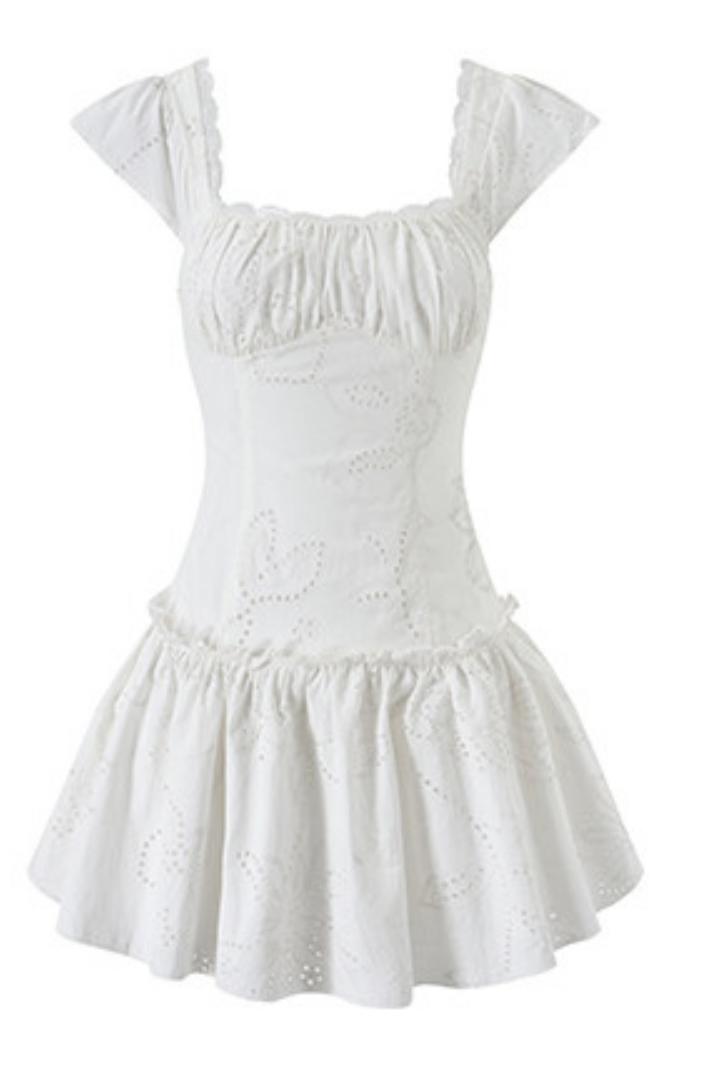 Romantic Eyelet Lace Pleated Mini White Dress