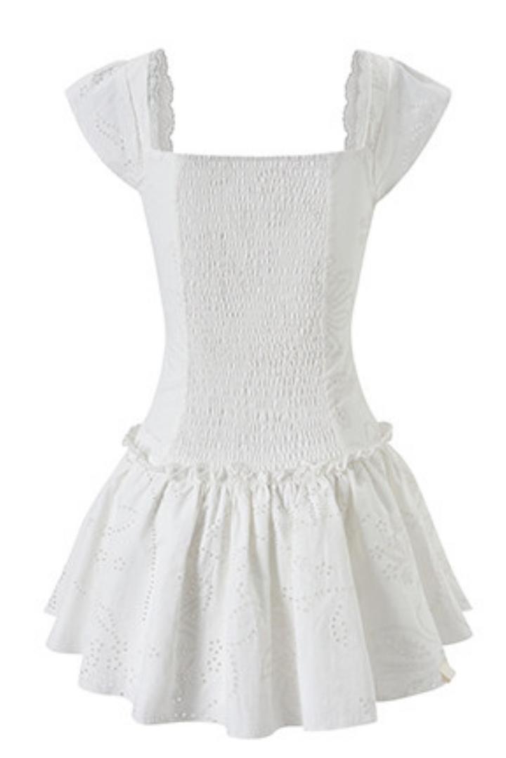 Romantic Eyelet Lace Pleated Mini White Dress