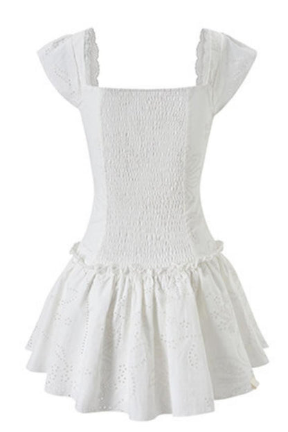 Romantic Eyelet Lace Pleated Mini White Dress