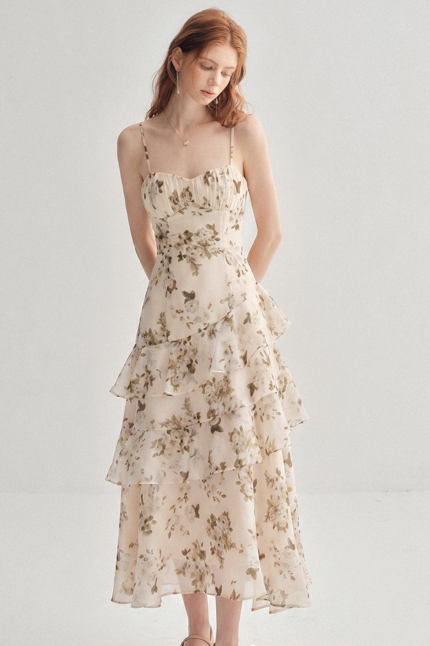 French Floral Tiered Ruffle Slip Midi Dress