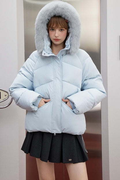 Preppy Blue Hooded Puffer Jacket