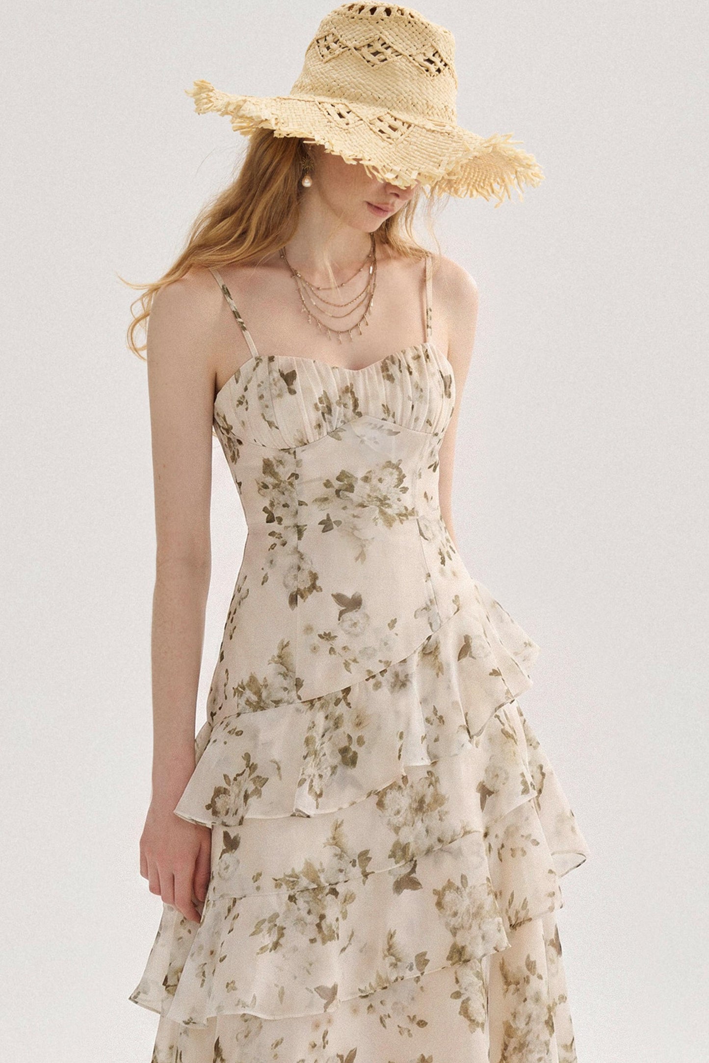 French Floral Tiered Ruffle Slip Midi Dress