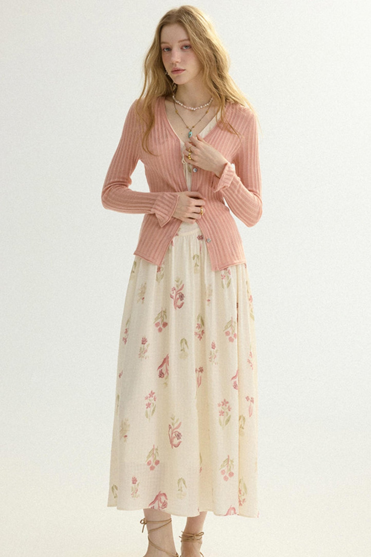 Aria French Vintage Ribbed V-Neck Knit Cardigan