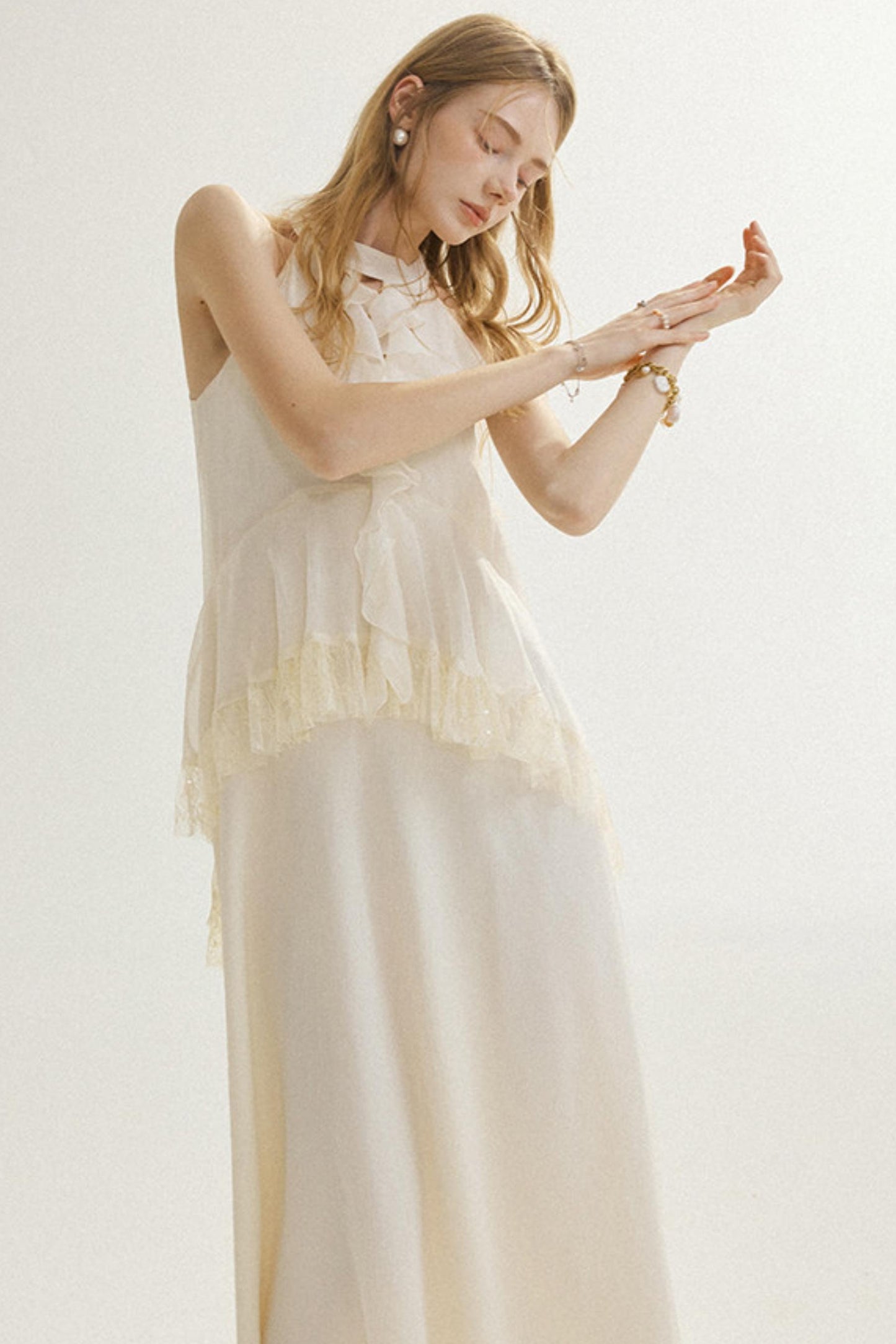 Aria French Vintage Ruffled Halterneck Maxi Dress
