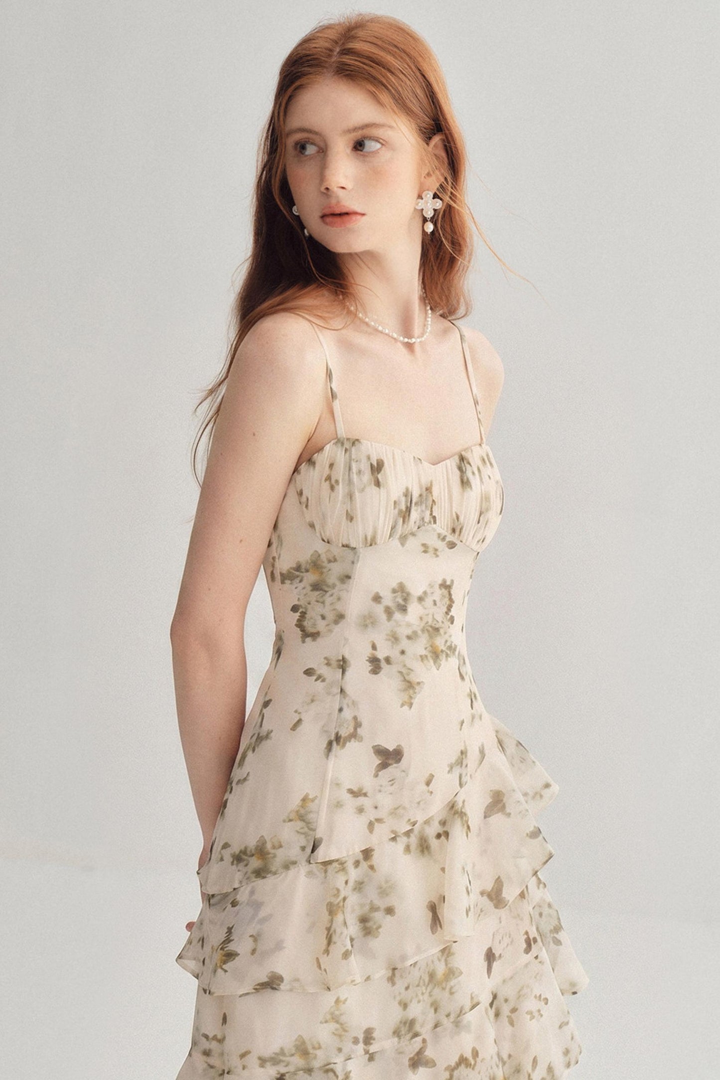 French Floral Tiered Ruffle Slip Midi Dress