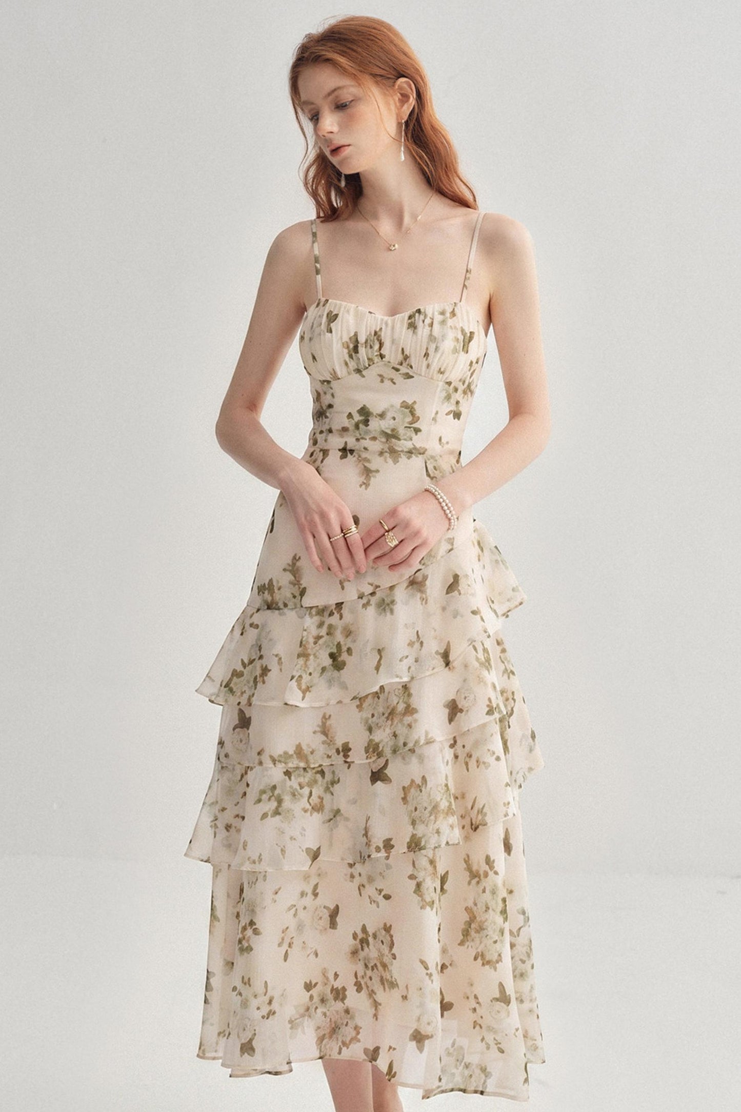 French Floral Tiered Ruffle Slip Midi Dress