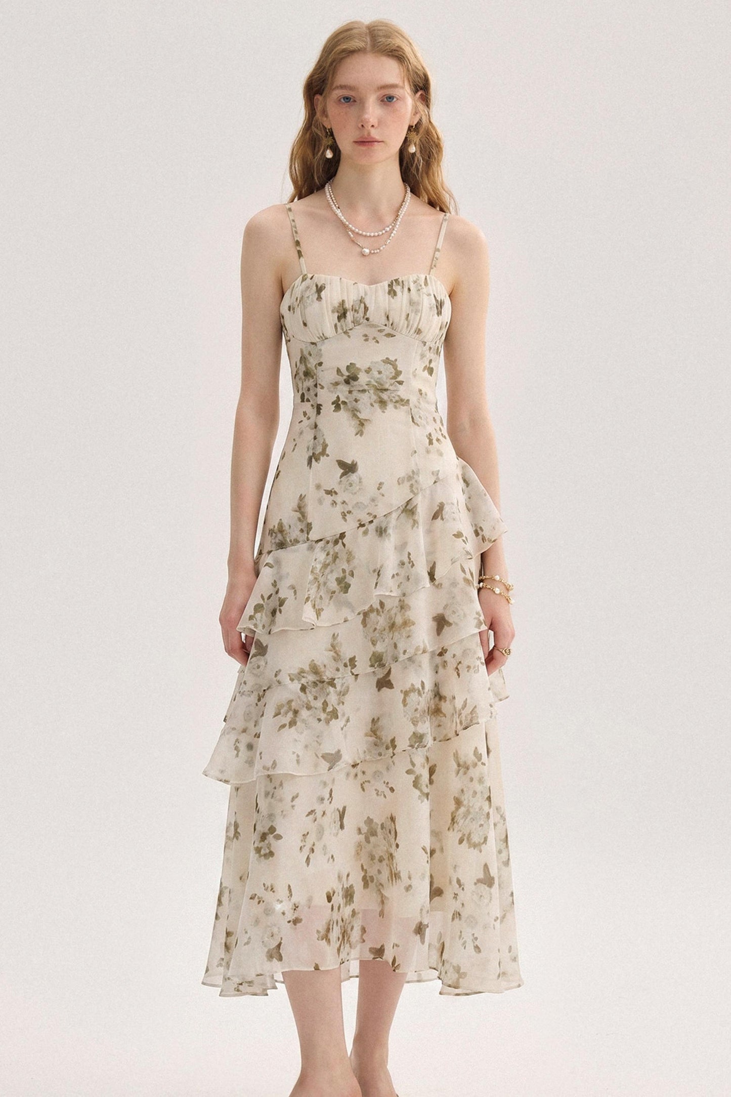 French Floral Tiered Ruffle Slip Midi Dress