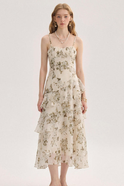 French Floral Tiered Ruffle Slip Midi Dress