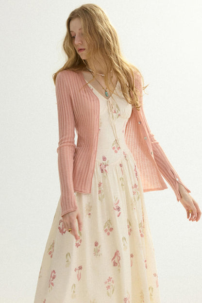 Aria French Vintage Ribbed V-Neck Knit Cardigan
